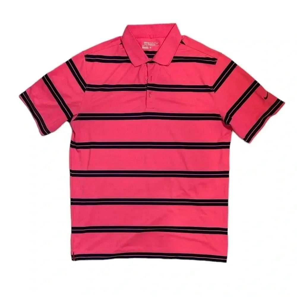 Nike Golf Tour Performance Neon Pink Blue Striped Polo  Shirt Dri-Fit Large